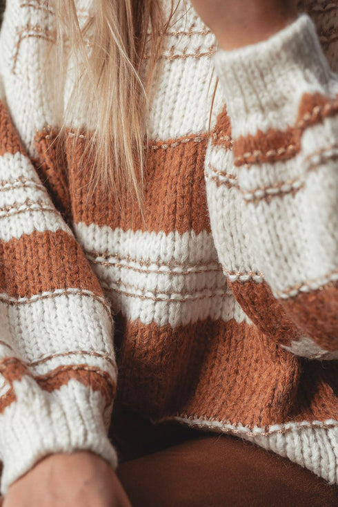 Striped Knit Puff Sleeve Casual Sweater